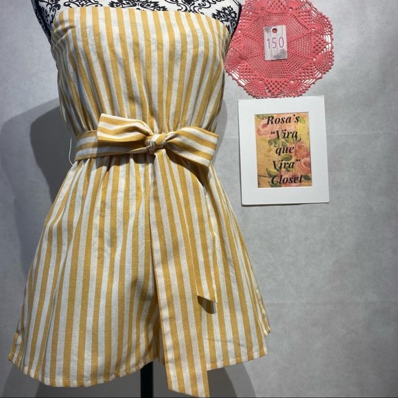 Shein White and Yellow Romper with Belt - Picture 2 of 12